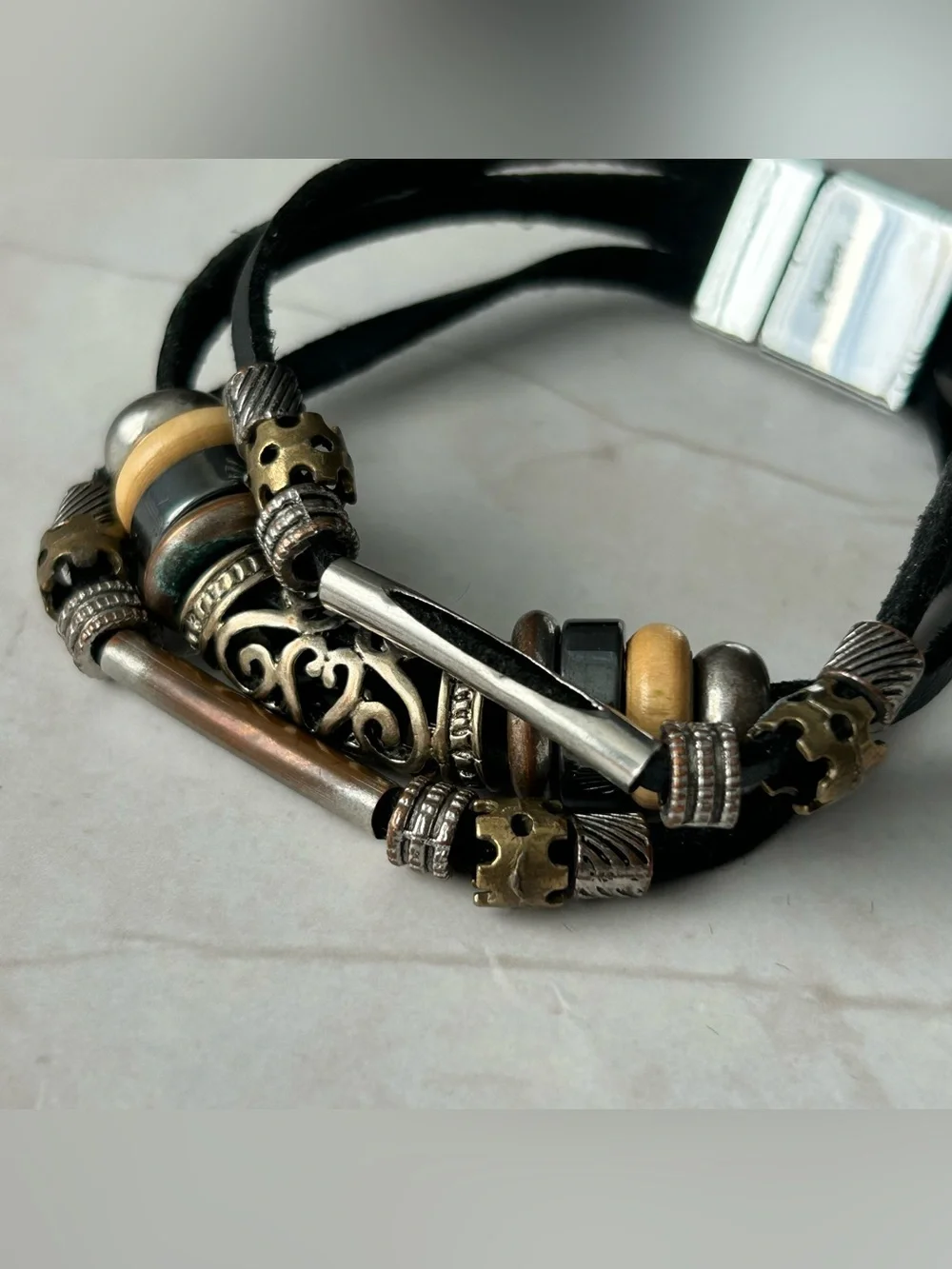 Multi-Strand Black Suede Bracelet with Mixed Metal Beads